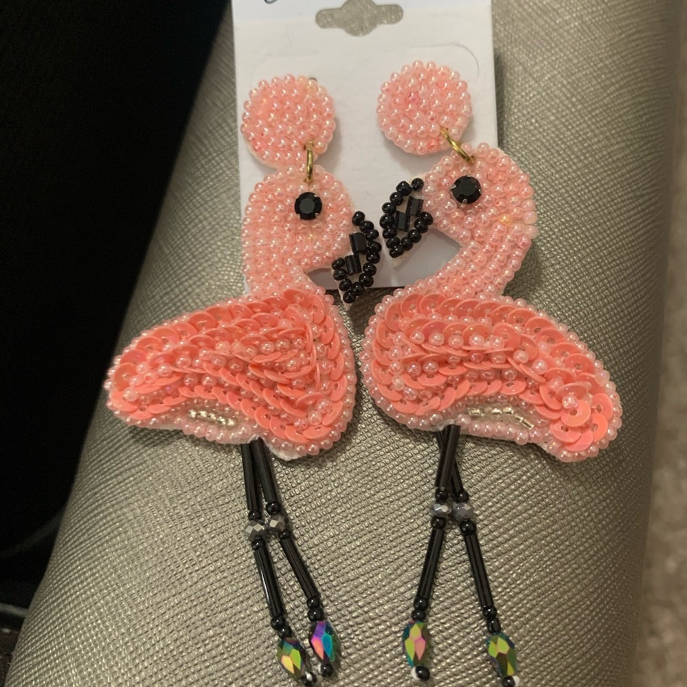 Beaded Flamingo Statement Earrings Felt Back